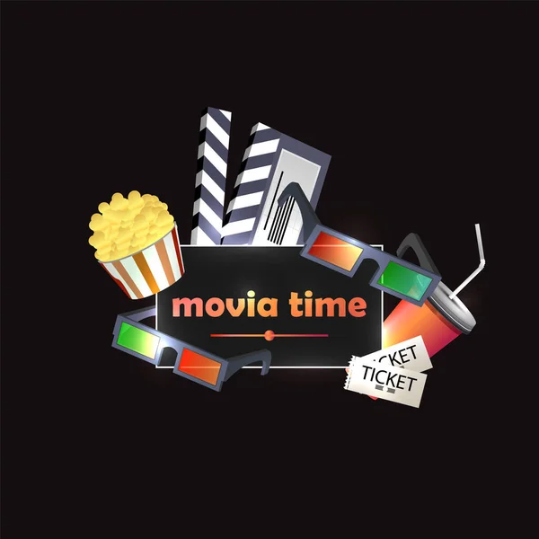 Vector Illustration Cinema Movie Time Sketch Poster Popcorn Glasses — Stock Vector