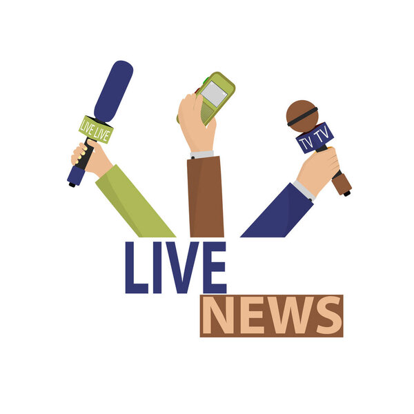 Vector illustration of a concept live news, reports, interviews, voice recorders, microphones in the hands of journalists. Live news template. Press illustration.