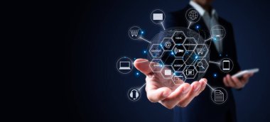 Business Technology Development, PPC Dashboard, Online Shopping Concepts with Icons, Digital Marketing Materials (Website Ads, Email, Social Networks, SEO, Video, Mobile App).