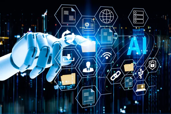 İnsanlar yapay zekayı ve makine öğrenimini geliştirmek için teknolojiyi kullanıyorlar. Ticaret, modern teknoloji, internet ve ağ kurma kavramları. Yapay zekanın günlük kullanımı..