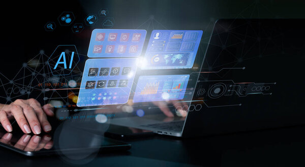 Woman utilizing augmented reality to examine IOT-connected things in her apartment while using a smart home control app on her phone.