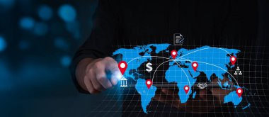 İş verileri ai teknolojileri kullanılarak uluslararası para birimi değişimi. Küresel ekonomik yatırım ticareti ve dijital para transferi bankacılığı kavramı. 3 boyutlu resimli pankart.