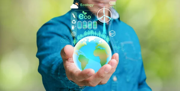 stock image Net carbon neutrality. With relation to business, the hand of pollution and effective management with netzero symbols - renewable energy, decreased CO2 emissions, green production, and trash recycling