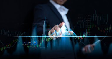 Bankacılık, finans, hisse senetleri, yatırım stratejisi ve planlama ve yatırımlarda başarılı risk analizi. İş ağındaki grafik veri genişlemesi ve yatırımcılar için uluslararası iş