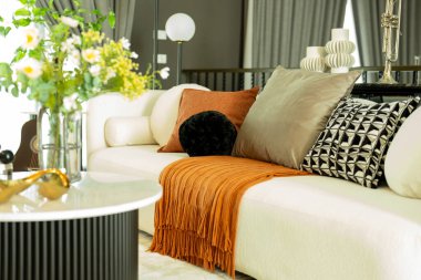 Oturma odasındaki kanepe turuncu bir peçe mevcut. Bir sürü yastık da var..