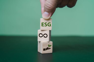 ESG yönetim, sosyal ve çevresel anlamına geliyor. Uzun ömürlü bir şirket kurmak. Hedef, bir ESG simgesi ve canlı arkaplandaki diğer ESG simgeleri olurken, bir elde tahta küpler yer alıyor.
