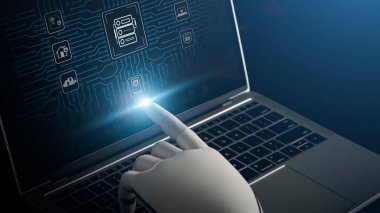 Yapay zeka robotu dijital dokunmatik ekran, fütüristik siber güvenlik arayüzü, şifreli ağ koruması, yüksek teknolojili bilgisayar buluşları ile etkileşimde.