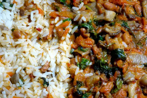 stock image A bowl filled with fluffy rice accompanies a hearty vegetable stew, featuring colorful ingredients and rich textures, perfect for sharing.