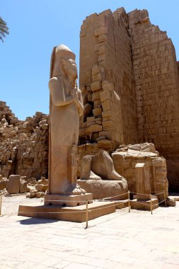 Visitors admire a towering statue at Karnak temple complex in Egypt, surrounded by ancient stone structures on a sunny day. The grandeur highlights Egypt's rich cultural heritage and history. clipart