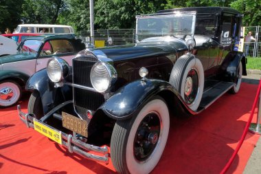 Lviv, Ukrayna - 5 Haziran 2016 1930 model klasik siyah bir Packard, yemyeşil ile çevrili bir araba fuarında kırmızı halıda sergileniyor. Katılımcılar parlak güneşin altındaki araca hayran.