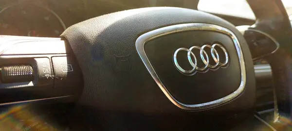 Lviv, Ukrayna - 2 Mayıs 2025 İyi tasarlanmış bir iç mekanda belirgin bir amblem içeren modern bir direksiyon direksiyonunun yakın görüntüsü. Sahne hem sofistike hem de konforlu.