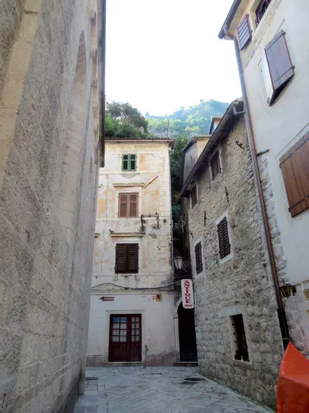 Kotor, Karadağ - 20 Temmuz 2014 Tarihi taş binaları ve canlı yeşillikleriyle Kotors eski kasabasının büyüleyici dar sokaklarını keşfedin.
