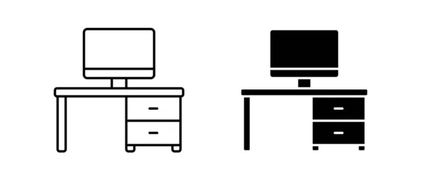 Büroarbeitsplatzvektorsymbole Gesetzt Computertisch Mit Symbol Lineares Arbeitsplatzschild — Stockvektor