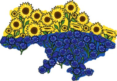 Ukrayna 'nın ay çiçeği ve çiçek dolu güzel haritası.