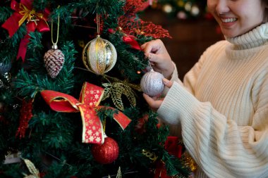 Genç kız Noel ağacına süslenip evini Noel mevsimine hazırlıyor..
