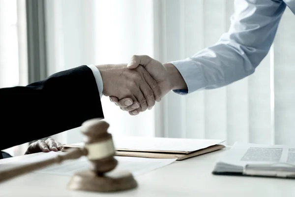 Two Businessmen Shaking Hands Congratulate Contract Agreement Gavel Tablet Balance — Stock Photo, Image