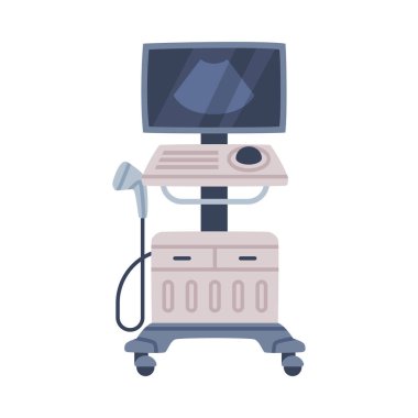 Ultrason Görüntüleme Makinesi Tıbbi Ekipman ve Yardım Cihazı Vektör İllüstrasyonu. Sağlık Denetimi ve Kontrolü İçin Hastane ve Klinik Malzemeleri