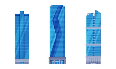 Parlak cam cephelerde ufuk çizgisi yansımaları olan modern gökdelenler beyaz arkaplanda izole edilmiş çizgi film vektör çizimleri oluştururlar..