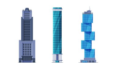 Gökdelenler hazır. Modern şehir binaları beyaz arka planda izole edilmiş vektör çizimi.