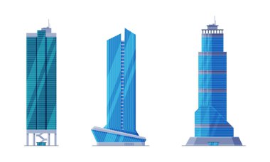Beyaz arka planda izole edilmiş modern gökdelenler şehir binaları çizgi film vektör çizimleri.