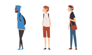 Farklı milletlerden çocuklar. Farklı ülkelerden gelen öğrenciler beyaz arka planda izole edilmiş çizgi film vektör çizimleri.