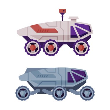 Uzay gezgini robotik otonom araçlar ayarlandı. Uzay endüstrisi keşif vektör çizimi beyaz arkaplanda izole.