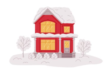 Beyaz Kar ve Aydınlık Pencere İllüstrasyonu ile kaplı Kızıl Kış Evi ve Kır Evi. Karlı Kışlık Konut Binası ve Konforlu Ev Görünümü Konsepti