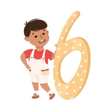 Büyük Altı Numaralı Küçük Çocuk ya da Temel Sayma İllüzyonu. Şirin Gülümseyen Çocuk İlköğretim Konseptine Bağlandı