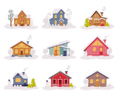 Kış Evi ve Kır Evi. Çatı, Bahçe Vektör Seti 'nde kar ve ağaçla kaplı. Karlı Kışlık Konut Binası ve Konforlu Ev Görünümü Konsepti