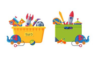 Oyuncak dolu bir kutu. Roket, trompet, tekerlekli fil, çocuklar için renkli oyuncaklar beyaz arka planda izole edilmiş vektör çizimi..