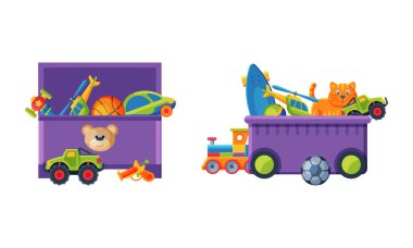 Oyuncak dolu bir kutu. Top, kedi, tren, çocuklar için renkli oyuncaklar beyaz arkaplanda izole edilmiş çizgi film vektör çizimleri.