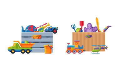 Oyuncak dolu plastik kutu. Kamyon, tren, oyuncak ayı, trompet, çocuklar için renkli oyuncaklar beyaz arkaplanda izole edilmiş vektör çizimi.