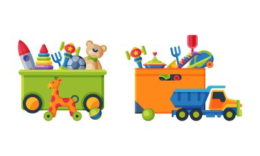 Beyaz arkaplanda izole edilmiş vektör çizimi çocuklar için renkli oyuncaklar..