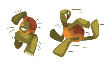 Komik hızlı koşan kaplumbağalar çizgi film vektör çizimini beyaz arkaplanda izole ettiler.