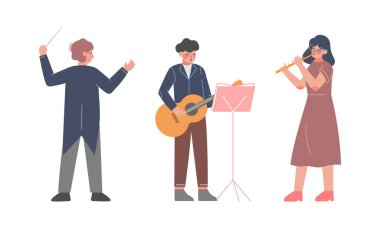 Profesyonel müzisyenler gitar ve flüt enstrümanları çalıyorlar. Sahne vektör illüstrasyonunda performans gösteren şef beyaz arkaplanda izole edildi