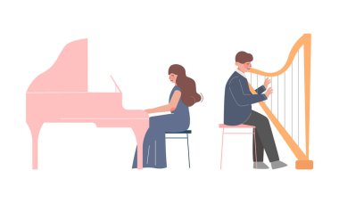 Profesyonel müzisyenler, beyaz arka planda izole edilmiş müzikal enstrümanlar çalıyorlar ve arp çalıyorlar.