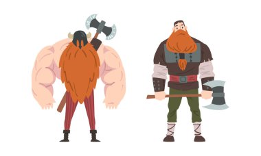 Beyaz arka planda izole edilmiş savaş baltalı güçlü Viking savaşçıları..