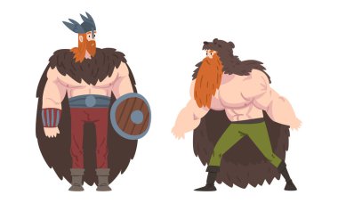 Güçlü İskandinav ortaçağ Viking savaşçıları beyaz arka planda izole edilmiş vektör çizimi.