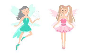Mavi ve pembe elbiseli, beyaz arka planda izole edilmiş kanat vektör çizimleri olan mutlu küçük kızlar..