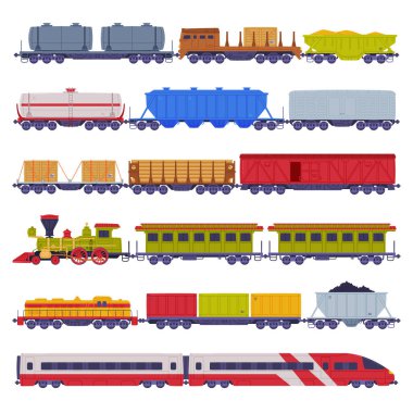 Tren ya da Lokomotif Wagon Nakliye ve Kargo Vector Set ile. Lojistik Endüstri Taşımacılığı Konsepti Olarak Demiryolunda Taşıtılan Mallar veya Arabalar