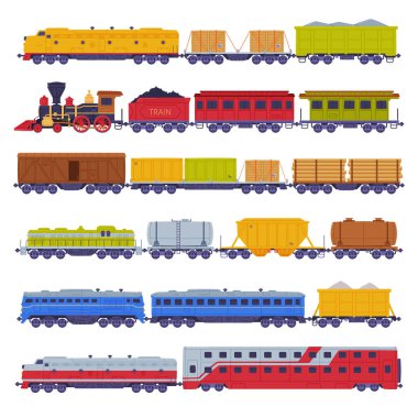 Tren ya da Lokomotif Wagon Nakliye ve Kargo Vector Set ile. Lojistik Endüstri Taşımacılığı Konsepti Olarak Demiryolunda Taşıtılan Mallar veya Arabalar