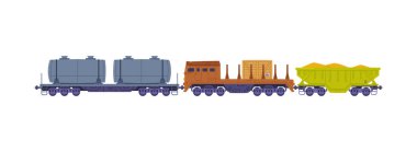 Wagon Nakliye ve Kargo Vektörü İllüstrasyonlu Tren veya Lokomotif. Lojistik Endüstri Taşımacılığı Konsepti Olarak Otomobiller Demiryolunda Taşındı