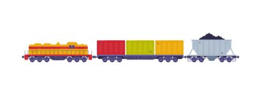 Wagon Nakliye ve Kargo Vektörü İllüstrasyonlu Tren veya Lokomotif. Lojistik Endüstri Taşımacılığı Konsepti Olarak Otomobiller Demiryolunda Taşındı