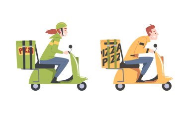Pizza teslimatı. Beyaz arka planda izole edilmiş Scooter karikatür vektör çizimi ile müşterilere yiyecek getiren kurye.