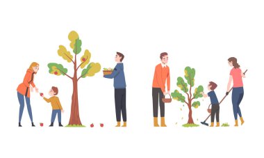 Sonbahar bahçesinde çalışan ve beyaz arka planda izole edilmiş elma ekili çizgi film çizimleri yapan insanlar..