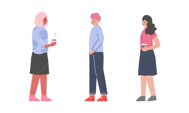 Kahve içen insanlar. Beyaz arka planda izole edilmiş bir fincan kahve vektörü illüstrasyonu tutan çalışanlar, öğrenciler veya ofis çalışanları.