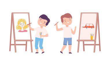 Şövaleye fırça ve boya ile resim yapan sevimli çocuklar beyaz arka planda izole edilmiş çizgi film vektör çizimleri.