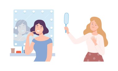 Ayna setine bakan güzel kadınlar. Neşeli pozitif kız beyaz arka planda izole edilmiş yansıma çizgi film vektör çizimine bakıyor.