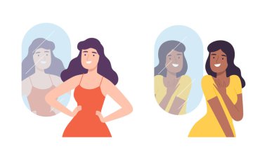 Aynaya bakan güzel, gülümseyen kadınlar beyaz arka planda izole edilmiş çizgi film vektör çizimleri.