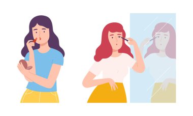 Ayna setine bakan güzel kadınlar. Neşeli pozitif kız beyaz arka planda izole edilmiş vektör çizimi yapıyor.